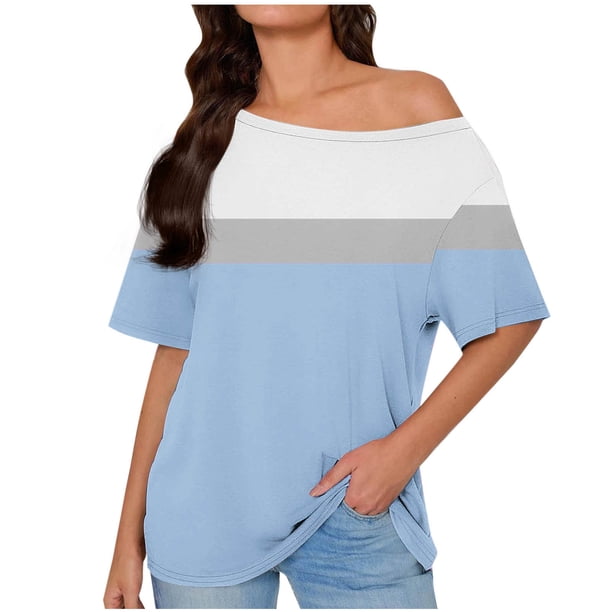 Tops de Manga Corta para las Mujeres Cuello Inclinado de Ajuste Suelto Casual Blusa Deportiva para el Hogar, Top de Poliéster Relajado para Primavera Verano Diario Y Entretenimiento