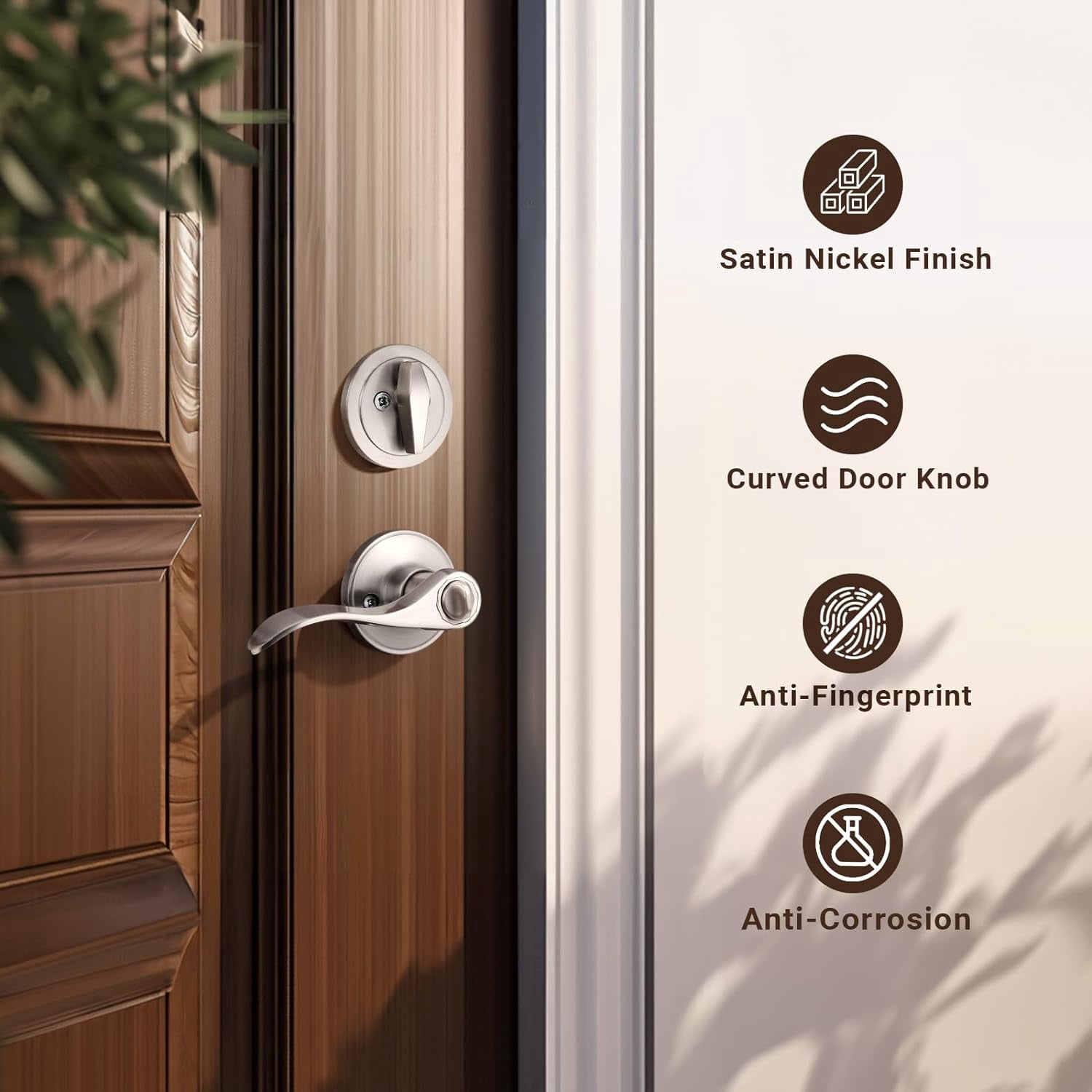 2 Sets of Front Exterior Door Knob Set with Single Cylinder Deadbolts in Satin Nickel Finish, All Keyed Same Combo Pack, Wave Style Entry Door Lever Locks with Combinations