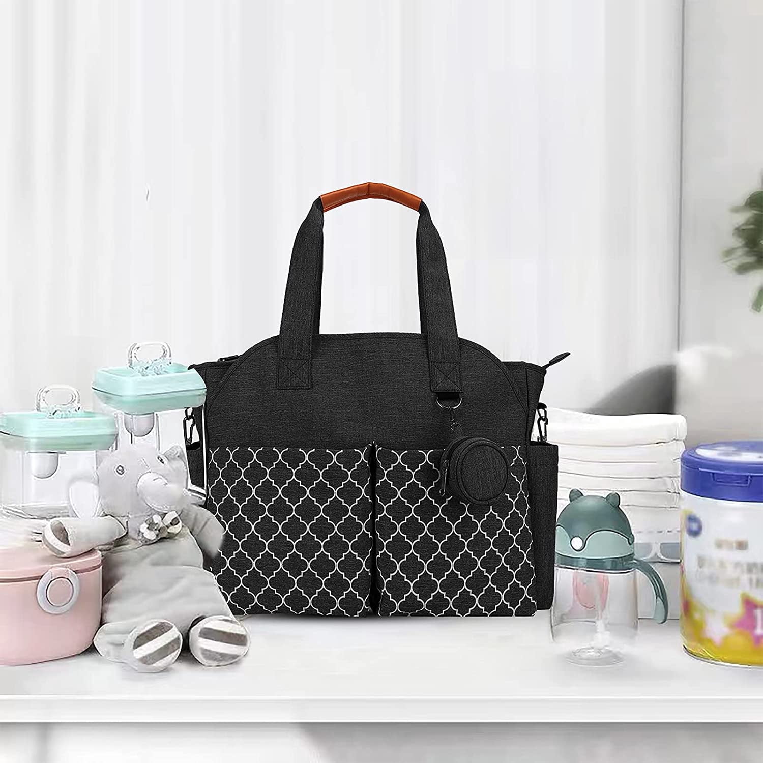 Multi-Function Travel Diaper Bag Tote Black for Parents with Pacifier Holder Adjustable Strap Insulated Pockets