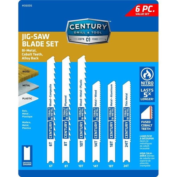 Century Drill & Tool 6006 Bi-Metal Jigsaw Blade Set, 6 Piece, Shank