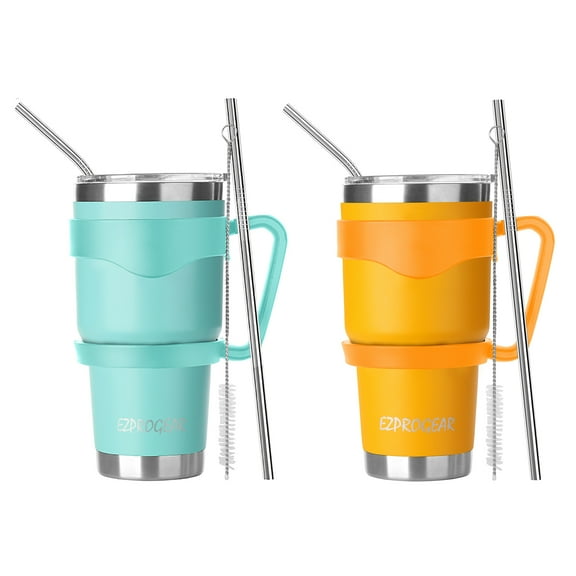 Ezprogear 30 oz 2 Pack Stainless Steel Tumbler Double Wall Travel Cup Vacuum Insulated Coffee Mug with Handle & Straws (Mango & Mint)