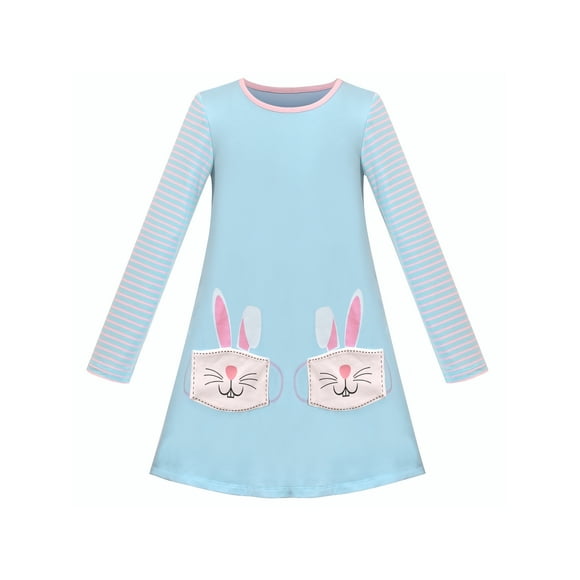 Vestido de Niña Pascua Camiseta de Rayas Azules Bunny Bolsillo Manga Larga 5 Años