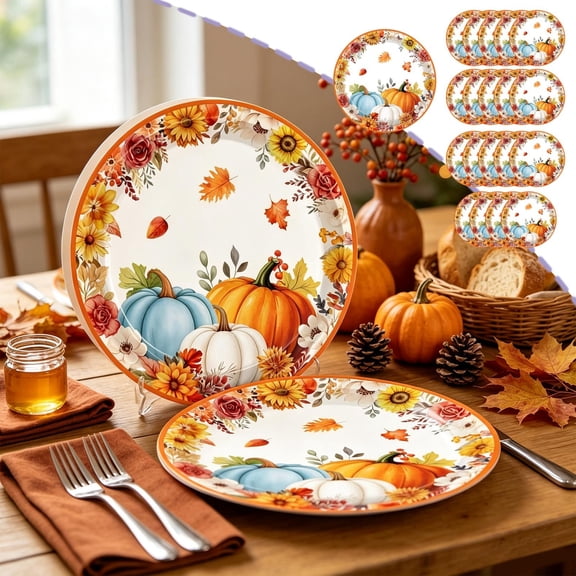 40PCS Thanksgiving Paper Plates, Pumpkin Maple Leaf Plates, Disposable Tableware Set Fall Dinner Party Decor
