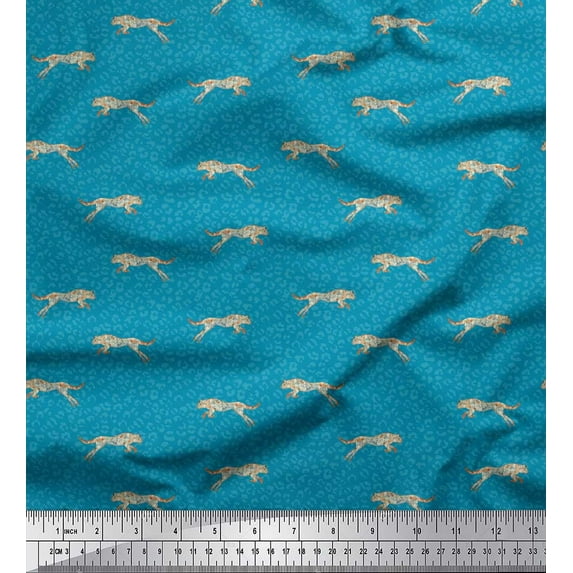 Soimoi Blue Cotton Duck Fabric Leopard Animal Skin Print Sewing Fabric Yard 42 Inch Wide