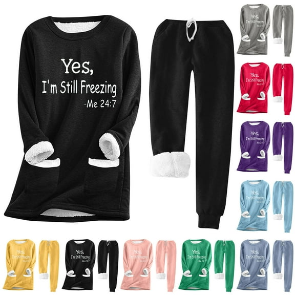 Brnmxoke Yes, I'm Still Freezing Women's Fleece 2 Piece Outfits Winter Warm Sherpa Lined Pockets Tracksuits Funny Letter Print Pullover Sweatshirts & Sweatpants Set Blue,S