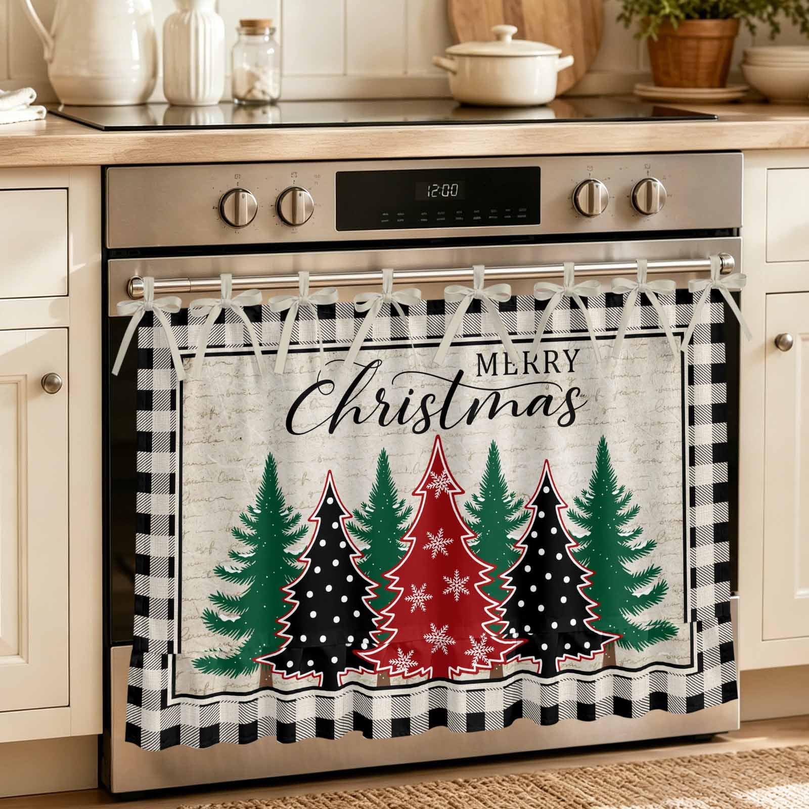 Oven Curtain for Kitchen Vintage Christmas Tree Stove Curtain With Ruffled Trim Dishwasher Curtains Black White Plaid on Linen Oven Skirt 27 x20