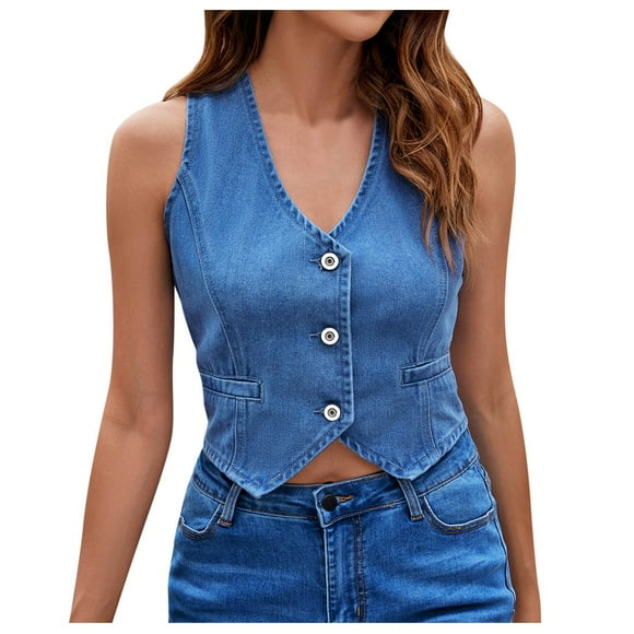 TJAZFJPA Work Vest Womens Denim Vest Sleeveless V Neck Button Down Jean Jacket Summer Crop Tops Duster Vest for Women Long Vest for Women 2024 Party