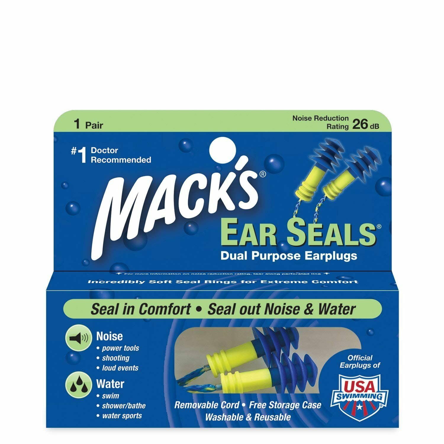 Mack's Ear Seals Washable & Reusable Dual Purpose Earplugs 1 Pair, 3-Pack