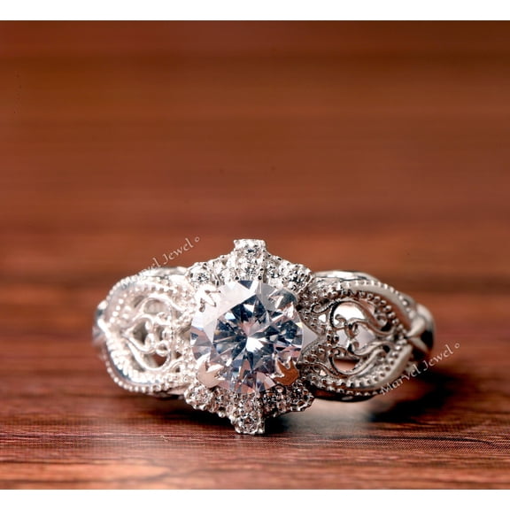 Vintage Openwork Filigree Ring, Women's Antique Solitaire Diamond Engagement Ring, Milgrain Ring, Engraved Shank Wedding Ring, 1.9 Ct Simulated Diamond, 925 Sterling Silver