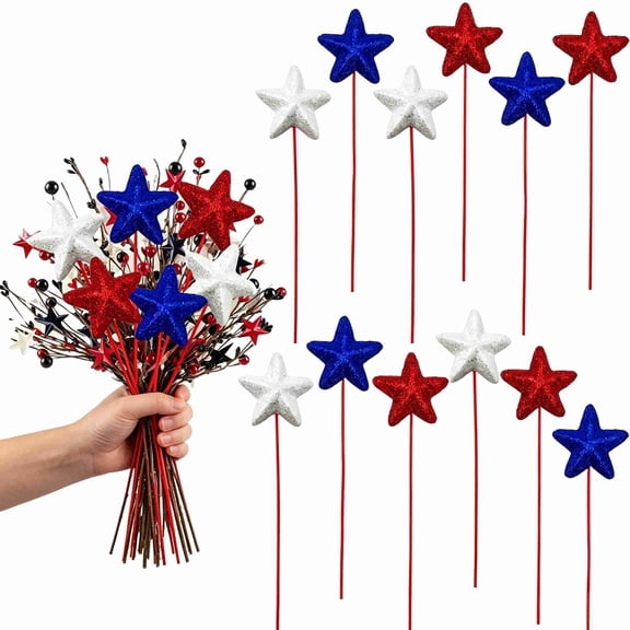 MODANU 12 Pcs 4th of July Decorations, Glitter Puffy Star Picks Foam Star Stems Red White and Blue Artificial Flowers for Patriotic Wreath Table Centerpieces Decoration, Red&Blue&White