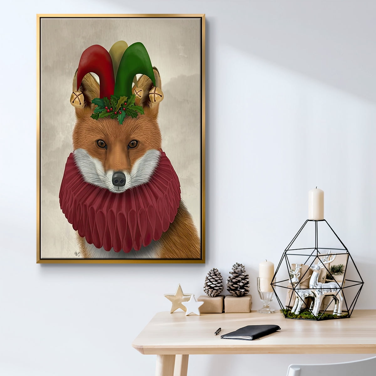Christmas Foxy Christmas Fool - Framed Gallery Wrapped Holiday Canvas - 27 x 41 - Gold Frame