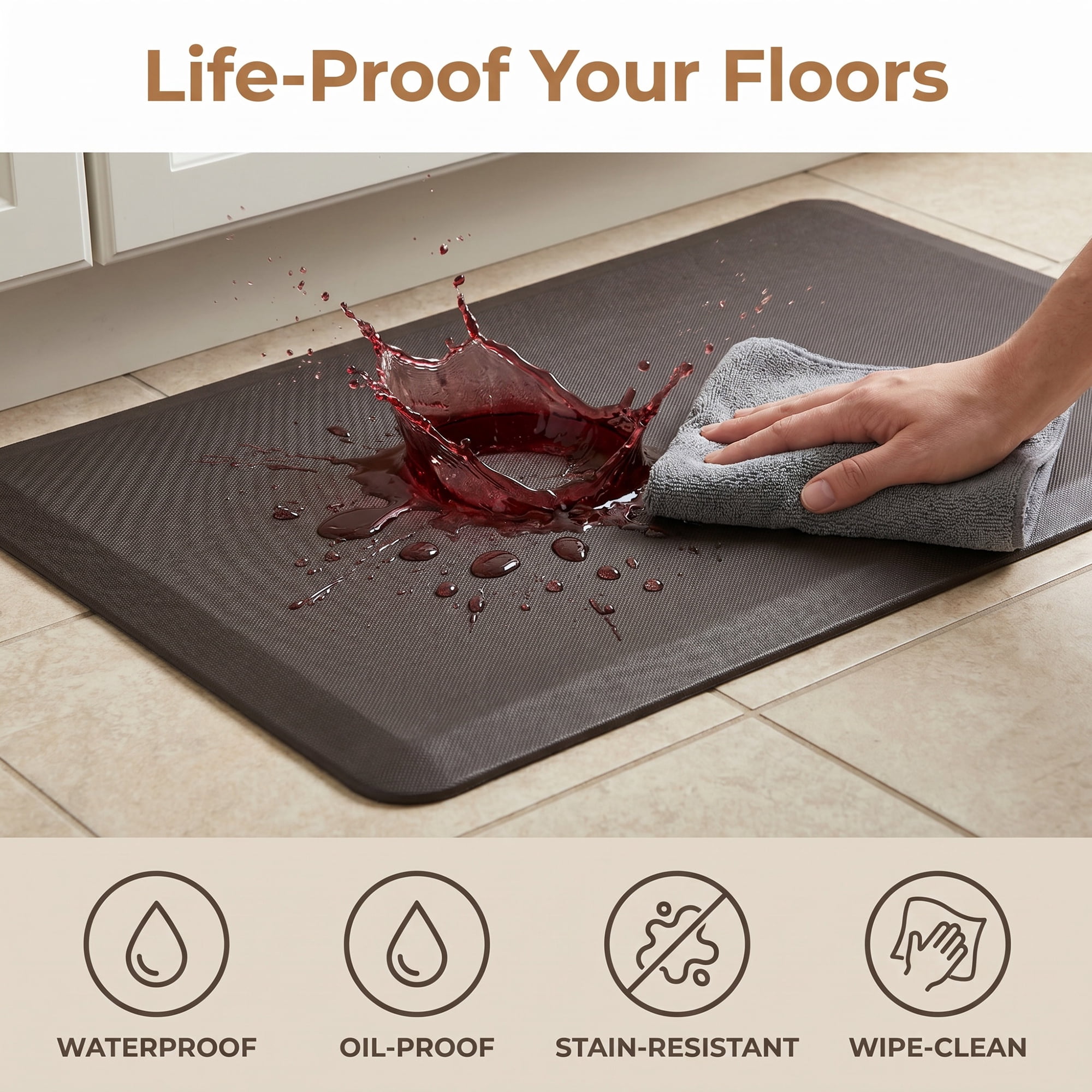 Unique Bargains Anti-Fatigue Cushioned Ergonomic Waterproof Floor Rug Brown 28" x 17"