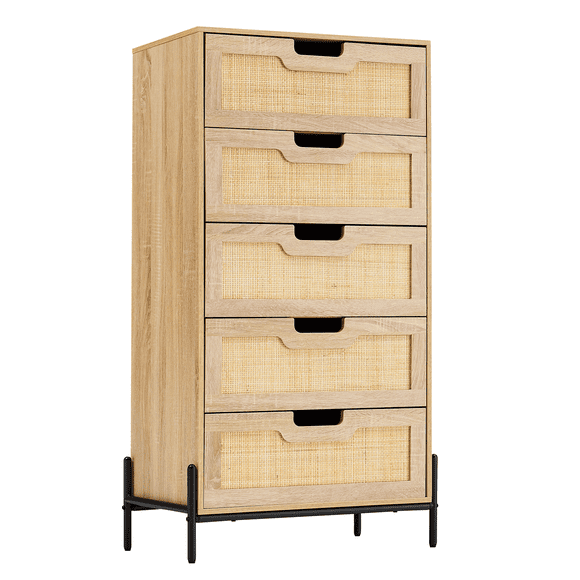 5 Drawer Dresser, Natural Rattan Chest of Drawer with Solid Metal Legs, Farmhouse Tall Dresser with Wood Top,for Bedroom, Living Room, Entryway