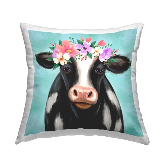 Stupell Industries Farm Cow Calf Pink Floral Blossom Crown Design by Elizabeth Tyndall Throw Pillow