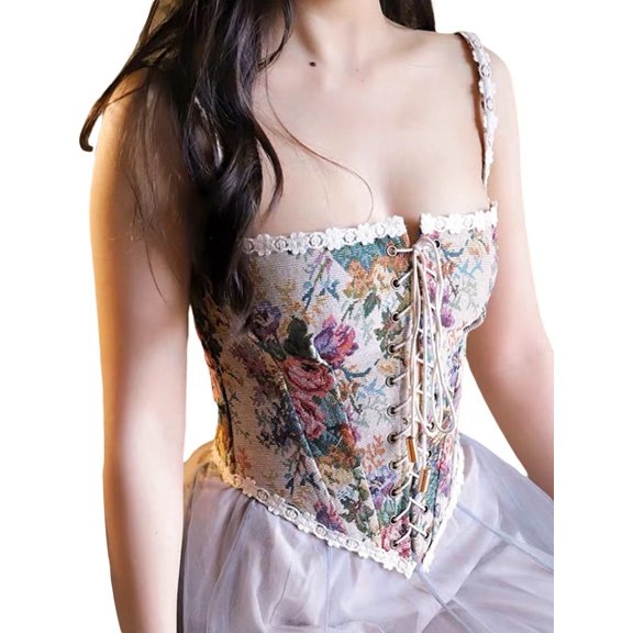 Baby Sweetie Women Vintage Floral Print Vest Bodycon Boat Neck Jacquard Camisole Flounce Irregular Suspender Corset