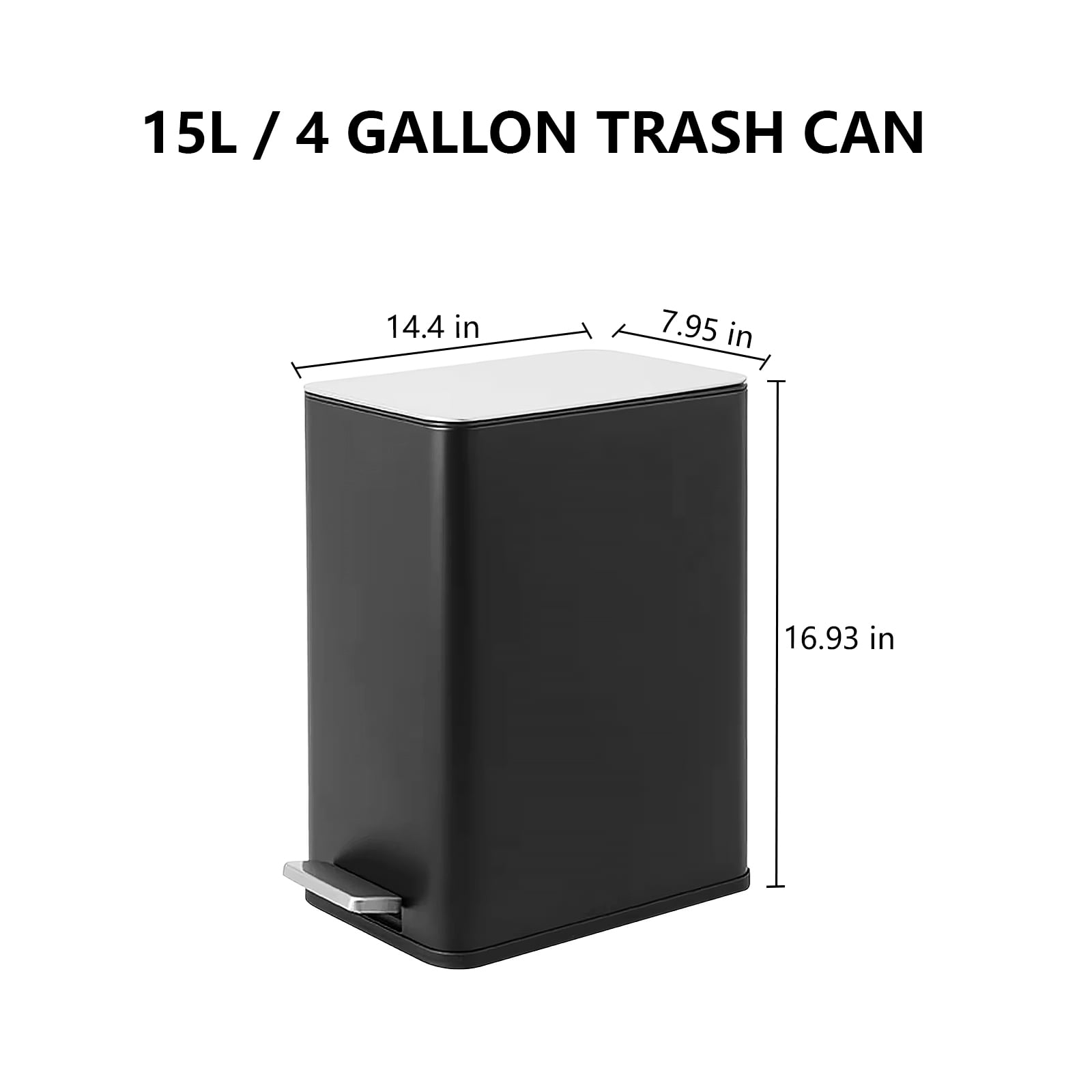 Simplykleen15L/4 Gallon Rectangular Step Trash Can Stainless Steel Garbage Can with Removable Inner Bucket For Kitchen Bathroom Office Black