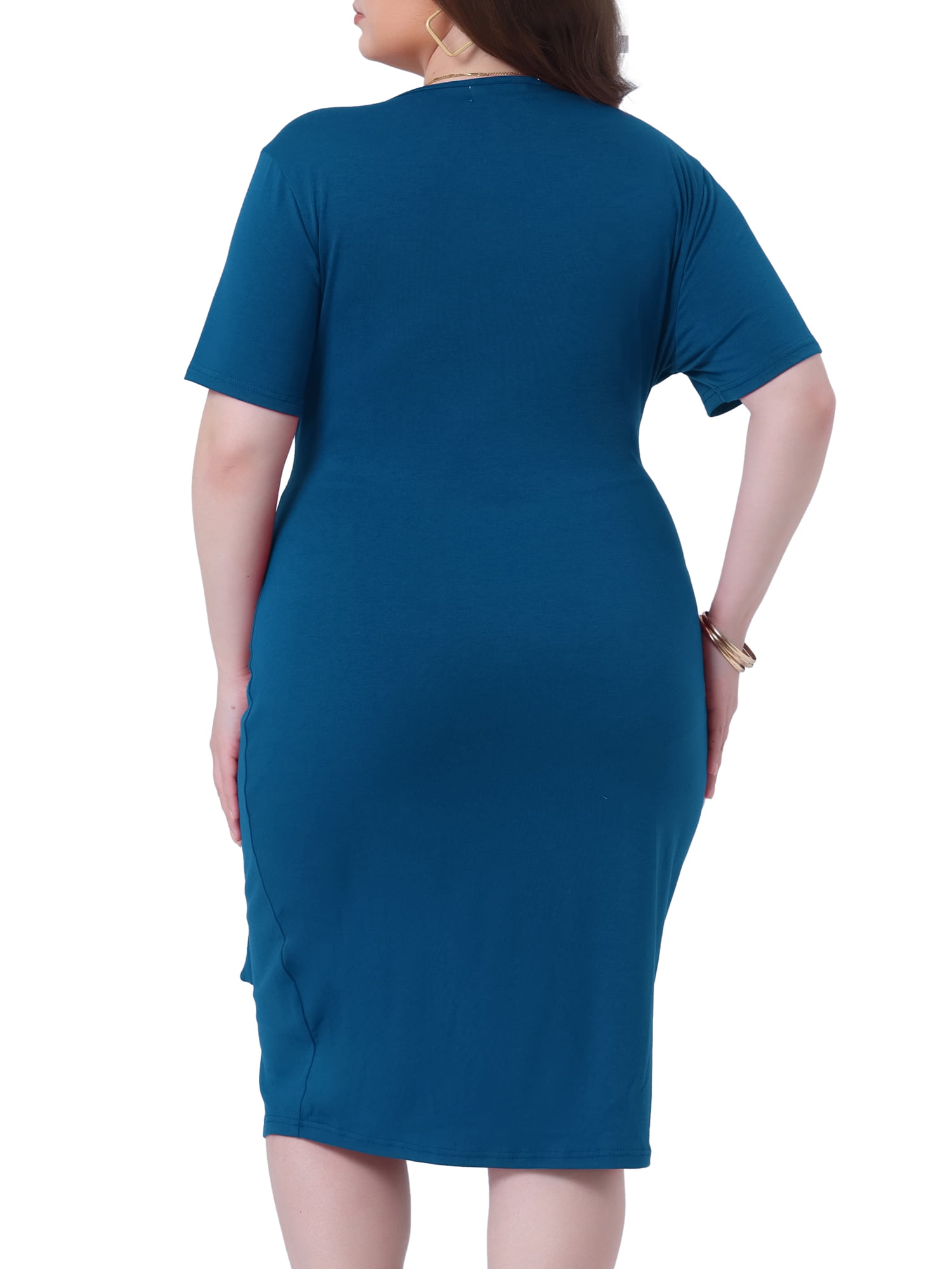 DARING DIVA Plus Size V Neck Ruched Wrap Belt Dress 1X Teal Blue