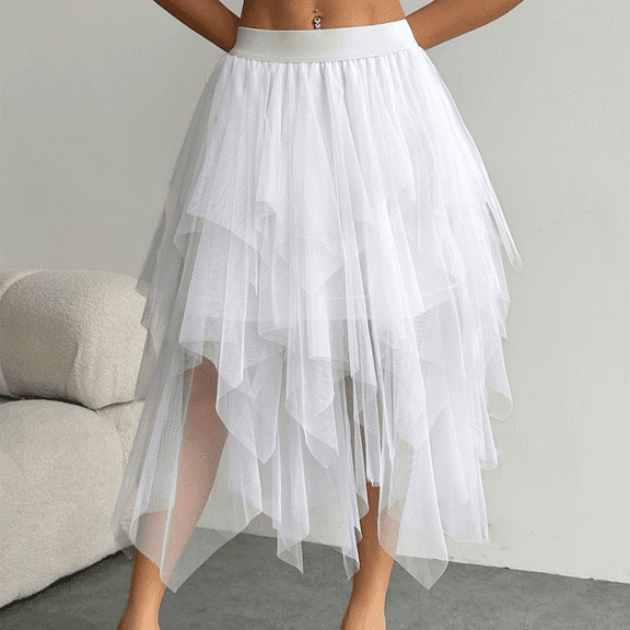 Women's Tulle Skirts High Low Layered Puffy Fairy Skirts Midi Length Irregular Tutu Skirt White M