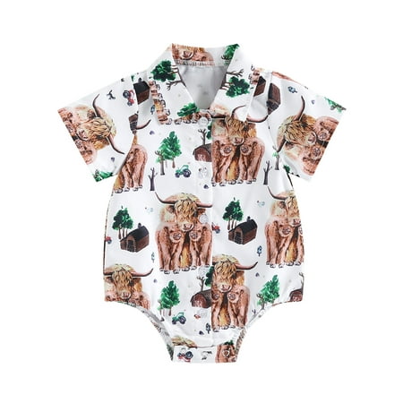 

Musuos Western Baby Gentleman Shirt Romper Tops Cow Print Button Up Lapel Bodysuit