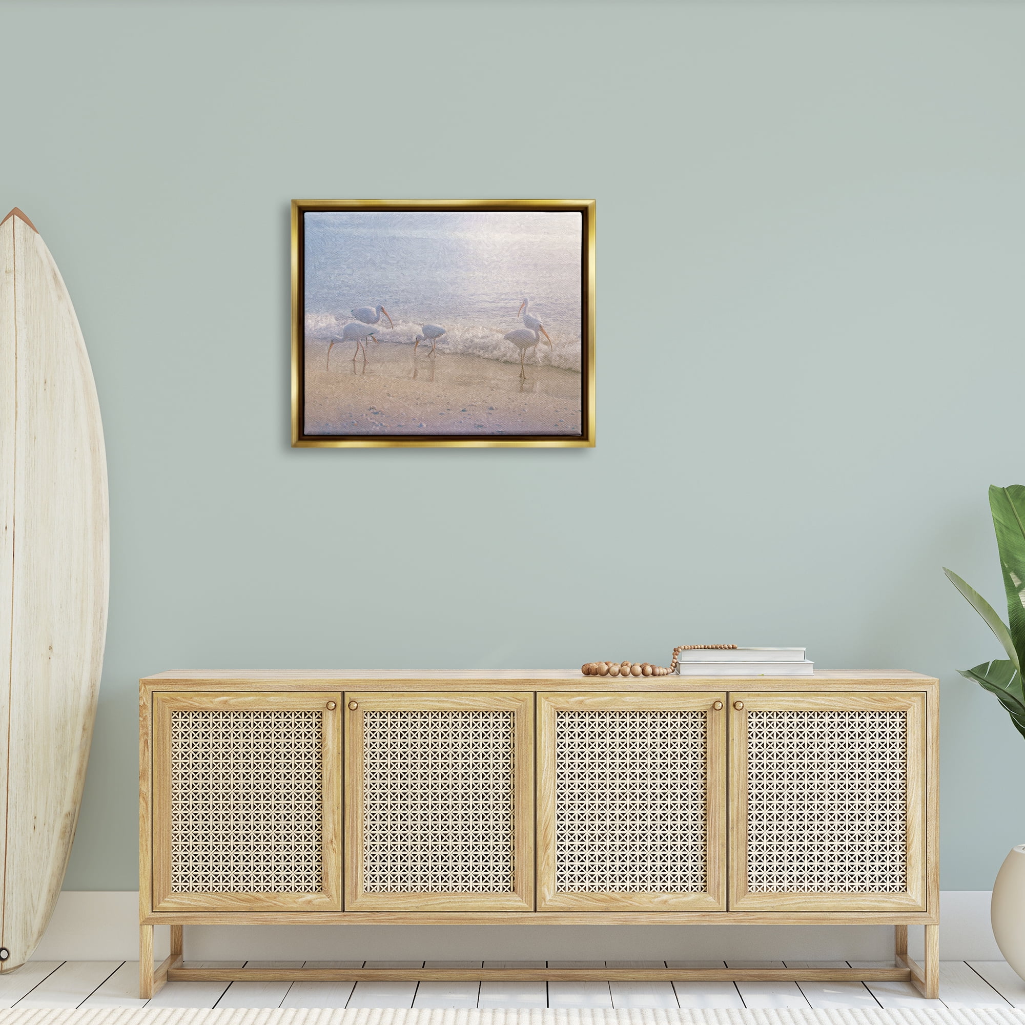 Stupell Seaside Waves Bird Flock Grazing Landscape Painting Gold Floater Framed Art Print Wall Art