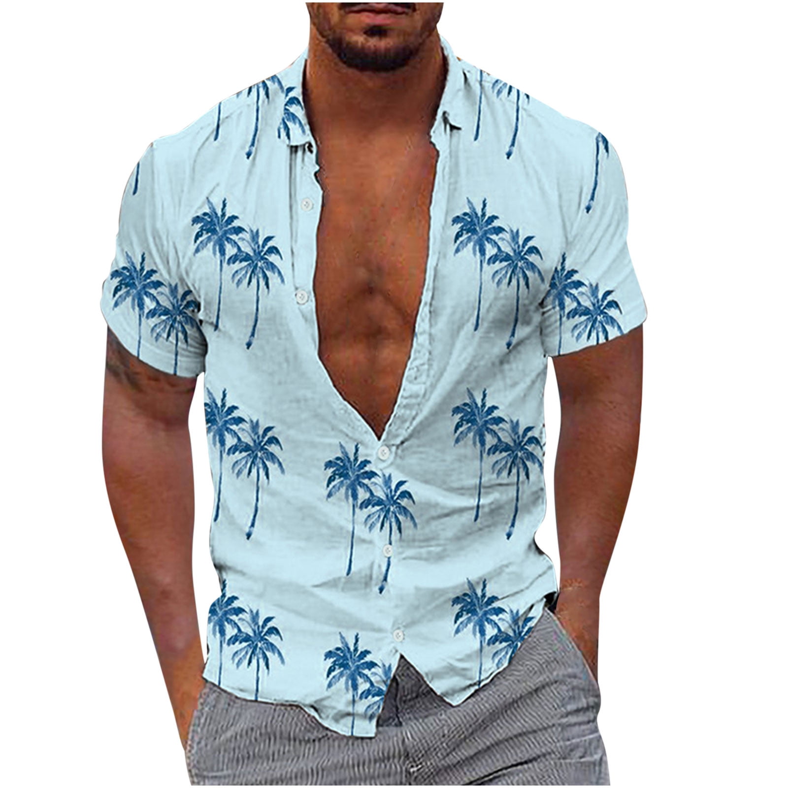 JWZUY Men's Short Sleeve Hawaiian Shirt Tropical Print Casual Button Down Aloha  Shirt Light Blue XXXXL 