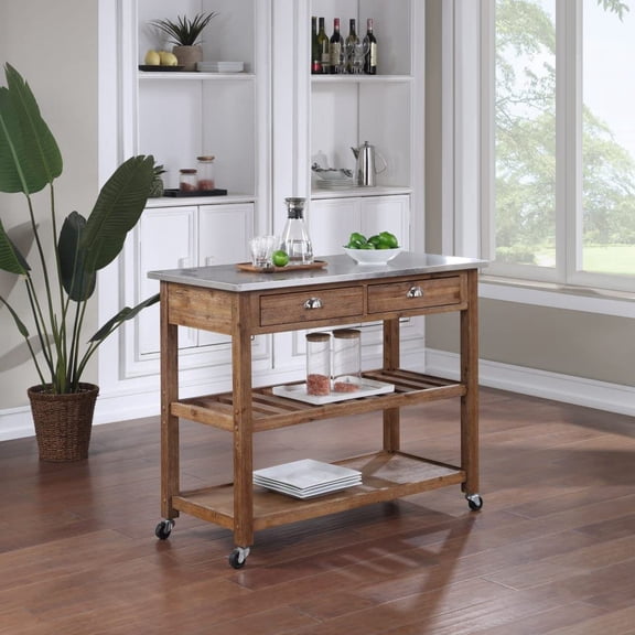 Bowery Hill Kitchen Cart with Stainless Steel Top - Barnwood Wire-Brush
