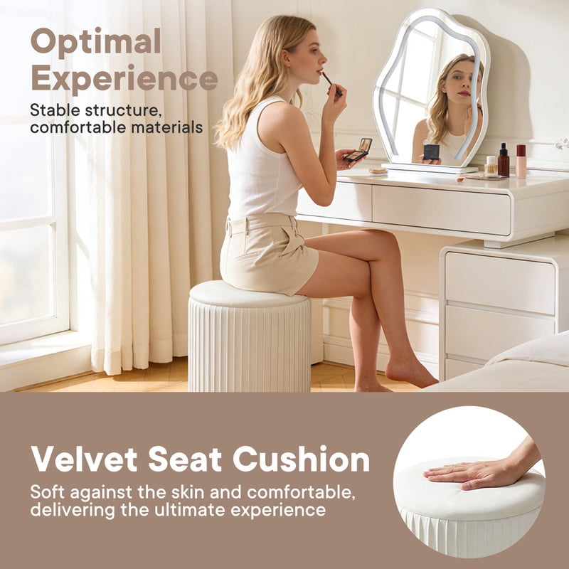 Gianna Round Ottoman Set of 2 with Reversible Seat, Upholstered Vanity Stool, Comfortable Footrest With Storage for Living Room, Bedroom, Beige