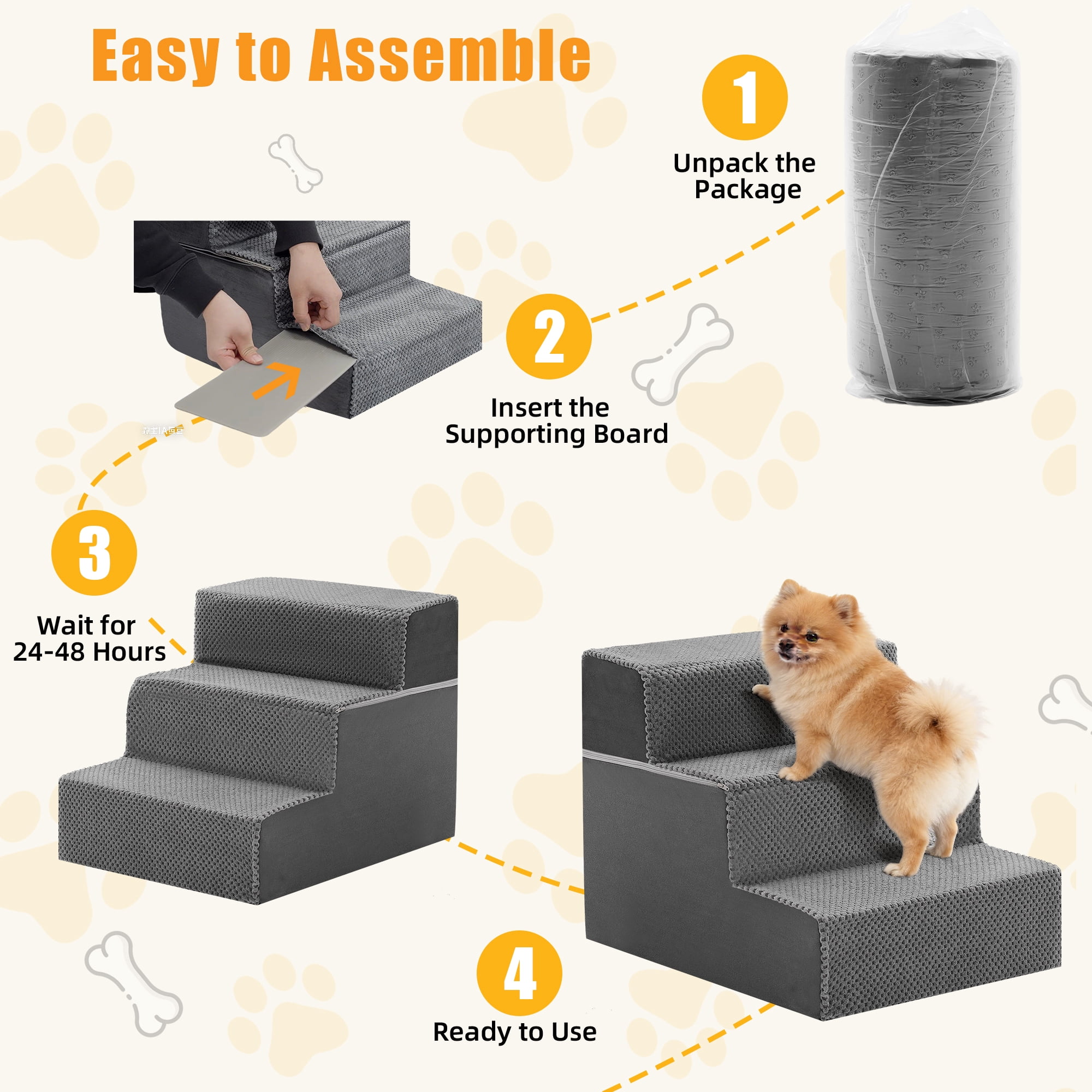 Gianna 17" Dog Stairs for Bed, 3-Step Non-Slip Pet Steps for Small Dogs and Cats, Indoor, Grey