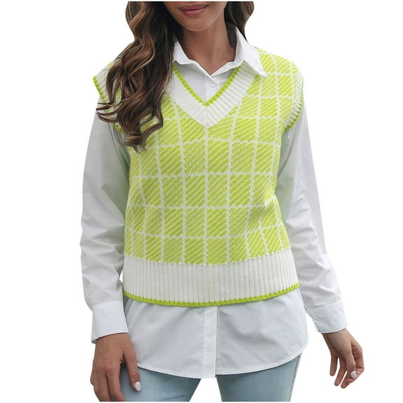 Womens Fall Fashion 2022! QLEICOM Sweaters for Women, Women‘s V-neck Multicolor Knitted Sweater Plaid Stripes Casual Fashion Sleeveless Vest Jacket Coat Tops On Clearance