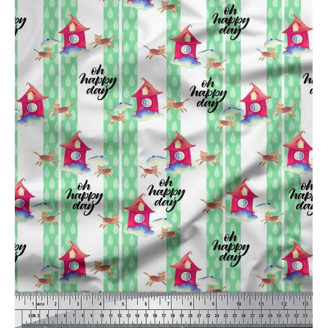 Soimoi Tissu Georgette Viscose Rayé, Imprimé Animal Cabane & Chat pour Couture, Largeur 42 Pouces