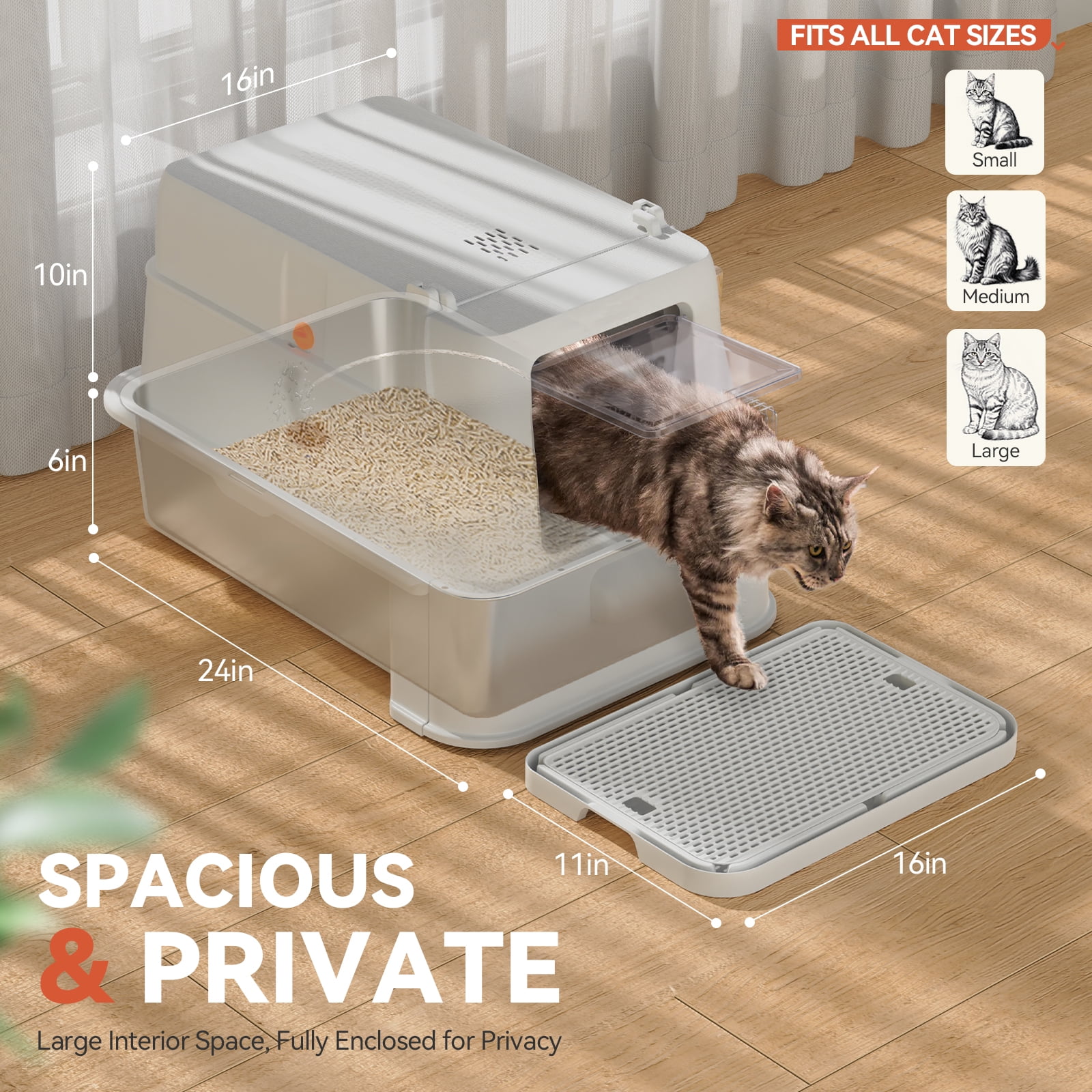 Covered Stainless Steel Cat Litter Box with Odor Control, Modular Design with Drawer, Easy to Clean with Scoop,XL Size Fits All Cats (Light Grey)