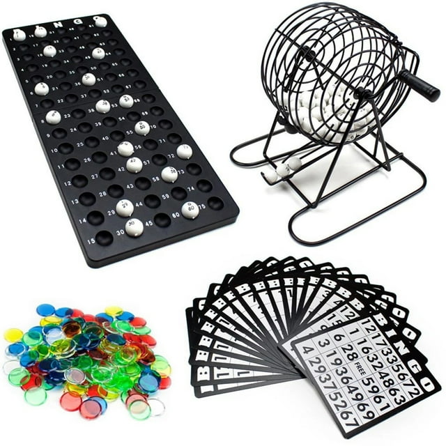 Juego de bingo de lujo con jaula de bingo, bolas de bingo, cartones de bingo y fichas de bingo
