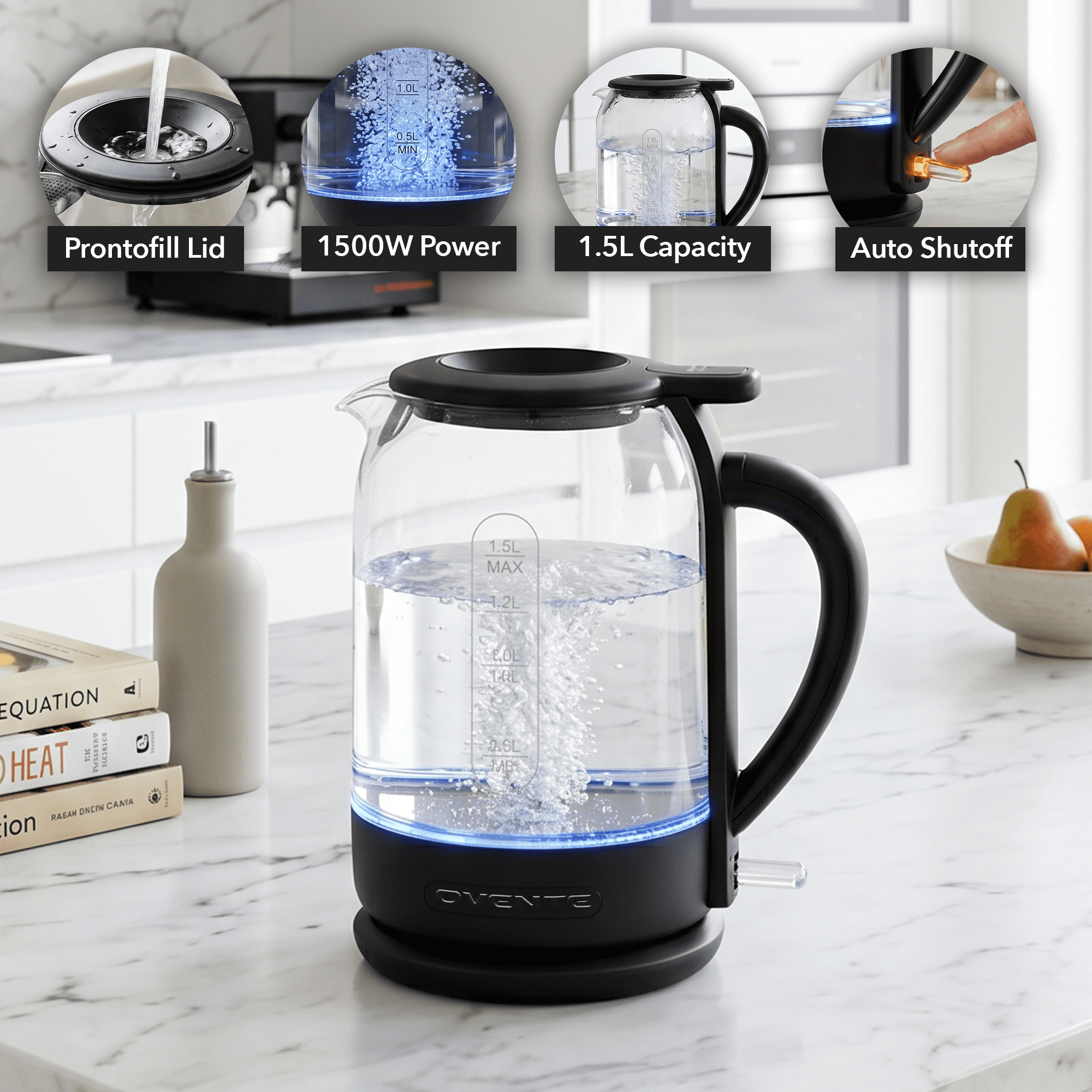 OVENTE Electric Kettle with 1.5L Borosilicate Glass, 1500W Fast Boiling Water Heater for Coffee or Tea, Easy to Fill Lid, Auto Shut-Off, Boil-Dry Protection & Stainless Steel Filter, Black KG516B
