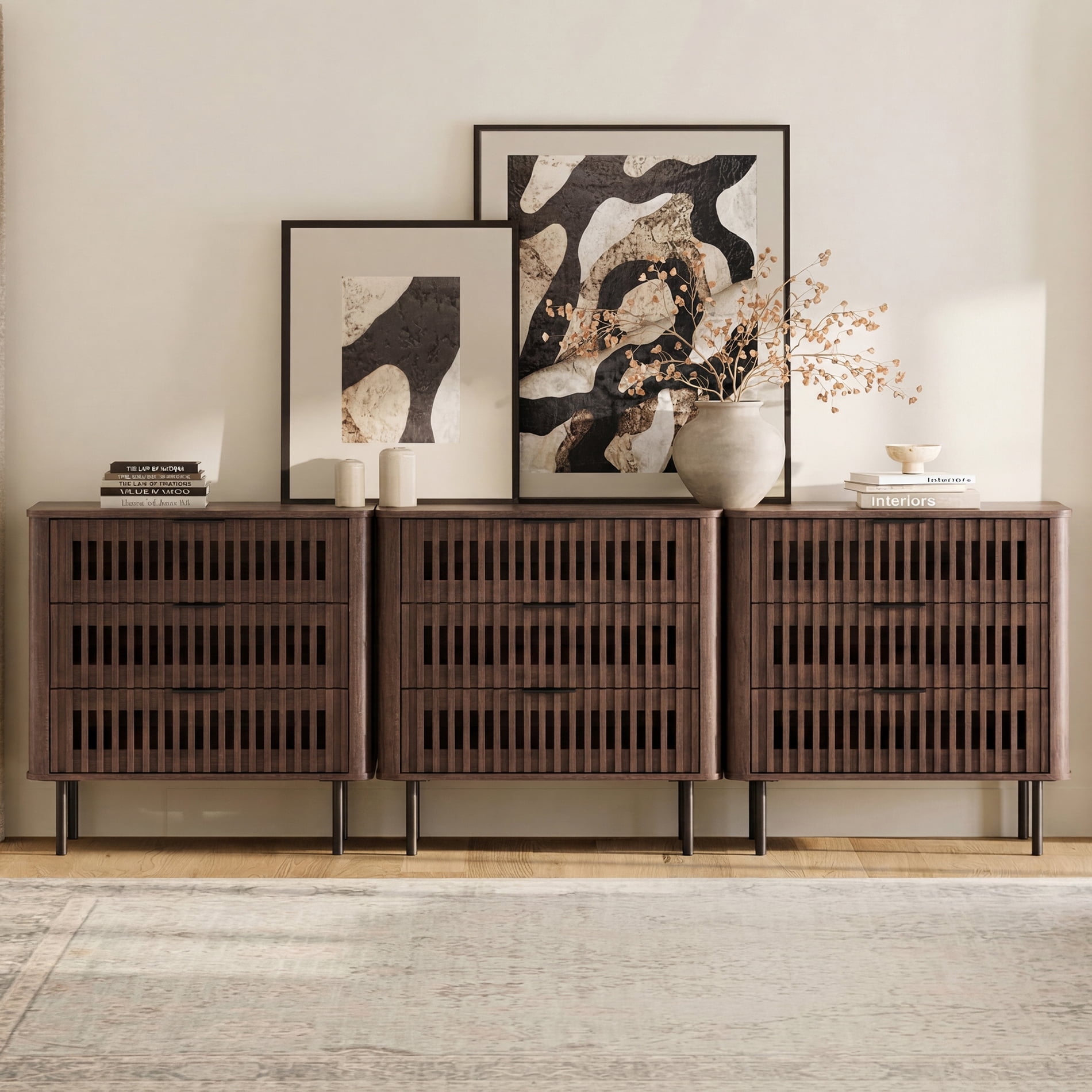 94.5"W Sideboard Buffet Cabinet with Storage, Fluted Kitchen Buffet Storage Cabinet with 9 Drawer, Large Coffee Bar Cabinet, Modern Buffet Table for Dining Living Room, Walnut