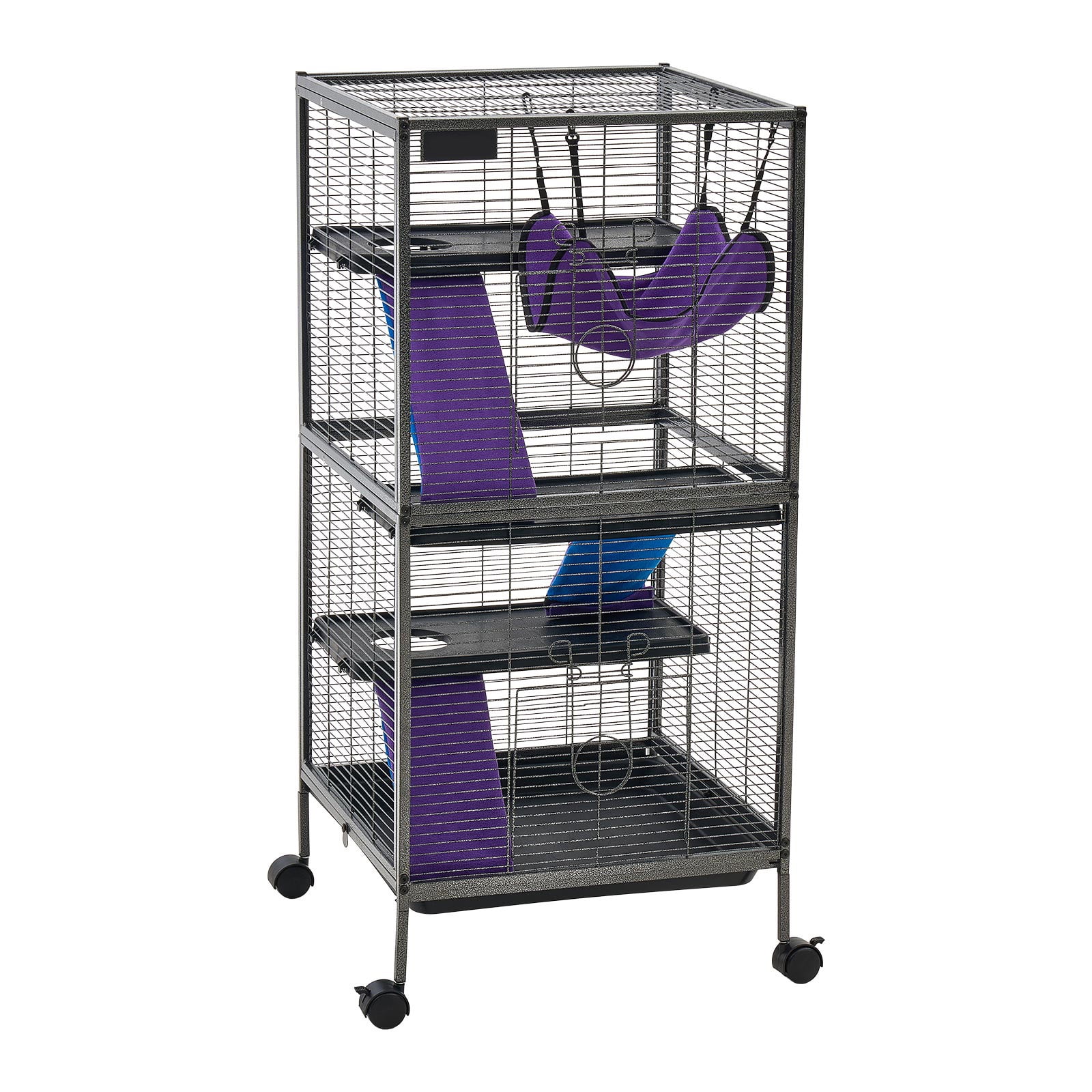 KFFKFF Metal 4-Tier Small Animal Cage with Wheels, 44.5"H, Includes Hammock, Ramps, Tray & Doors, Suitable for Ferrets, Chinchillas, Sugar Gliders, Guinea Pigs & Rabbits, 0.55" Wire Spacing