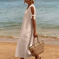 thumbnail image 4 of Dvprdro Crewneck Short Sleeve Cotton Linen Midi Dress for Women Side Pockets Loose A Line Summer Vacation Casual Solid, 4 of 7