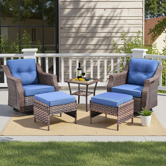 Lumiinofami 5 Piece Outdoor Sectional Furniture Set, Patio Rattan Swivel Rocking Chairs with Ottomans and Side Table Set, Wicker Rocker Gliders Set with Blue Cushions for Backyard Porch Garden