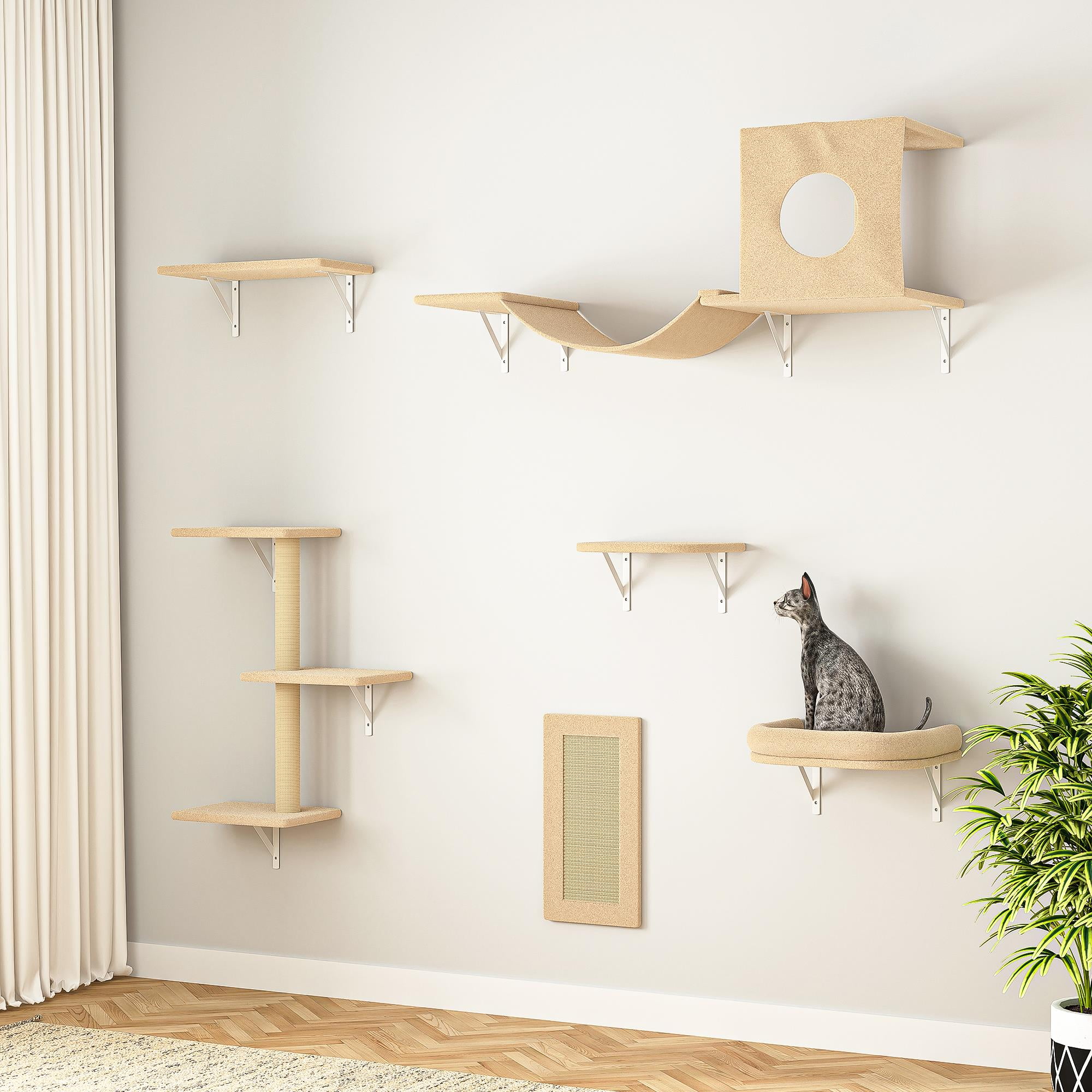 Pefilos Cat Wall Shelves and Perches Set of 6 with Cat Perch, Indoor Cat Condo for Sleeping Playing Lounging Climbing Cat Tree House, Beige Pefilos Cat Wall Shelves and Perches Set of 6 with Cat Perch, Indoor Cat Condo for Sleeping Playing Lounging Climbing Cat Tree House, Beige