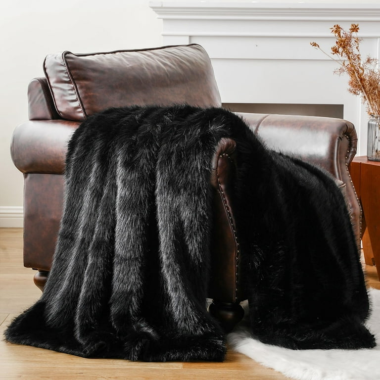 Battilo Black Faux Fur Throw Blanket Luxury Fluffy Black Blanket for Bed Sofa Chair Plush Fuzzy Cozy Fur Throws with Long Pile 60 x80