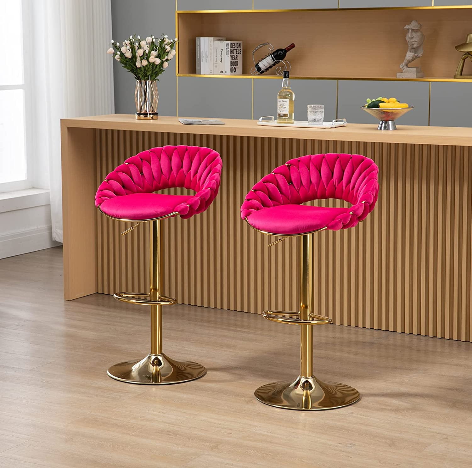 Velvet Swivel Bar Stools Set of 4, Adjustable Counter Height Bar Chairs ...