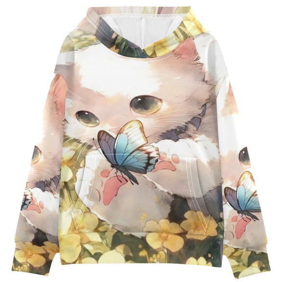 DIXRUYEE Youth Hoodie Pullover Sweatshirt Butterfly and Kitty Friendship Printed