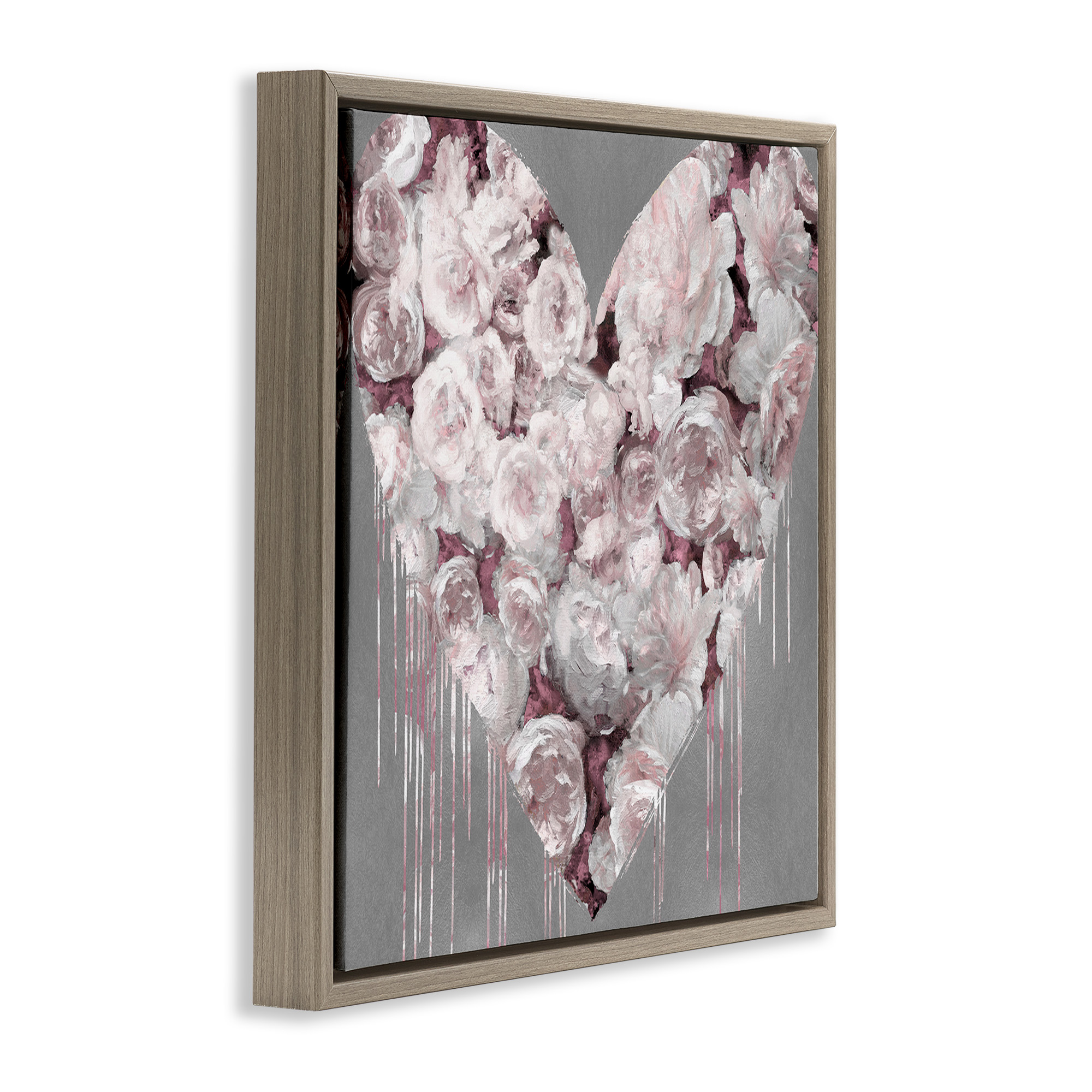 Stupell Industries Pink Rose Heart over Grey Botanical & Floral Painting Brown Floater Framed Canvas Art Print Wall Art, 25 x 25