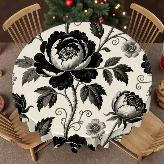 Beige and Black Floral Tablecloth for dining table, Holiday-Themed Design - Polyester Tablecloths tablecloth round, Cafe, dinner, brunch, buffet, picnic
