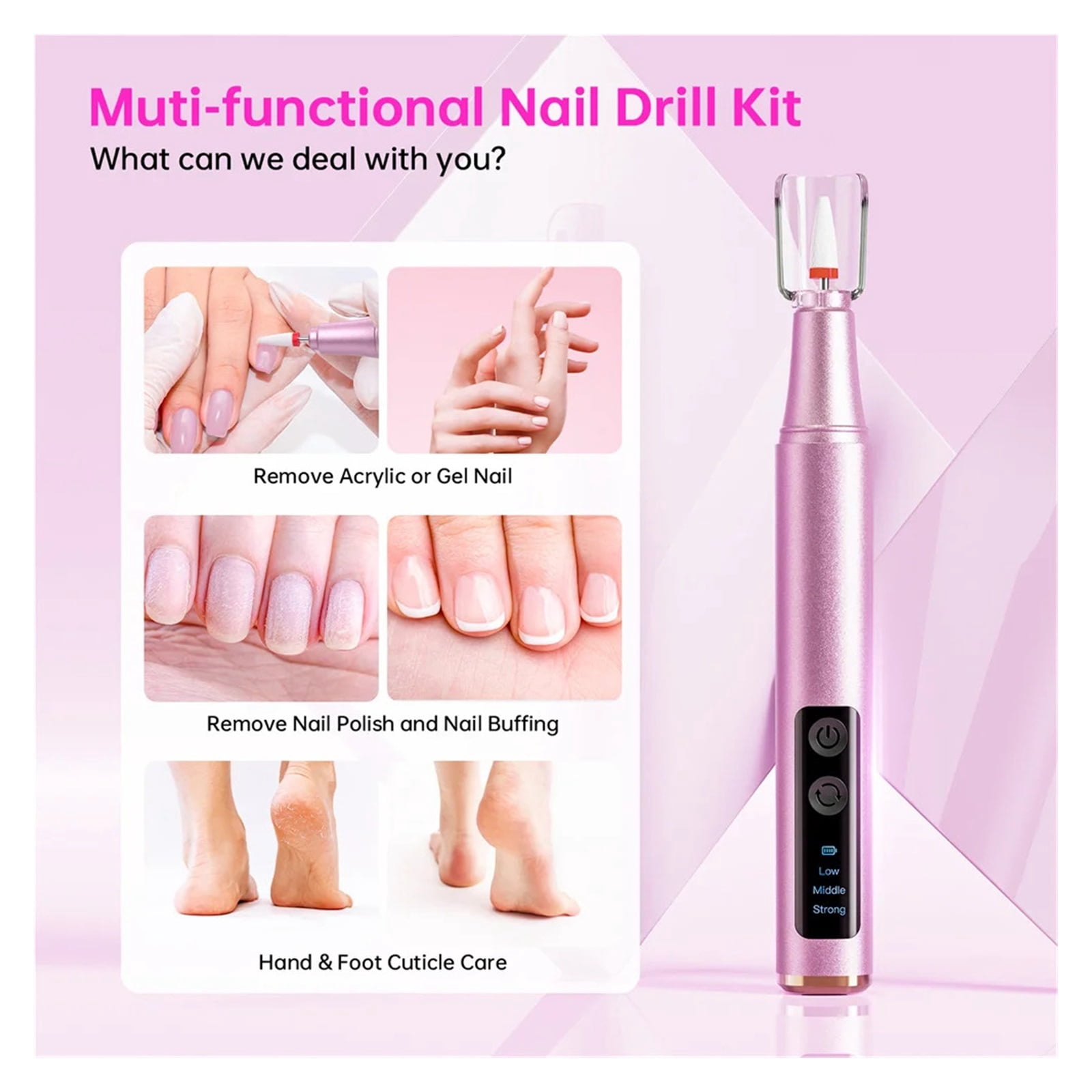 Electric Nail Drill Machine for Acrylic Gel Nails Manicure Pedicure Nail Polishing Tools Home Salon USB Rechargeable
