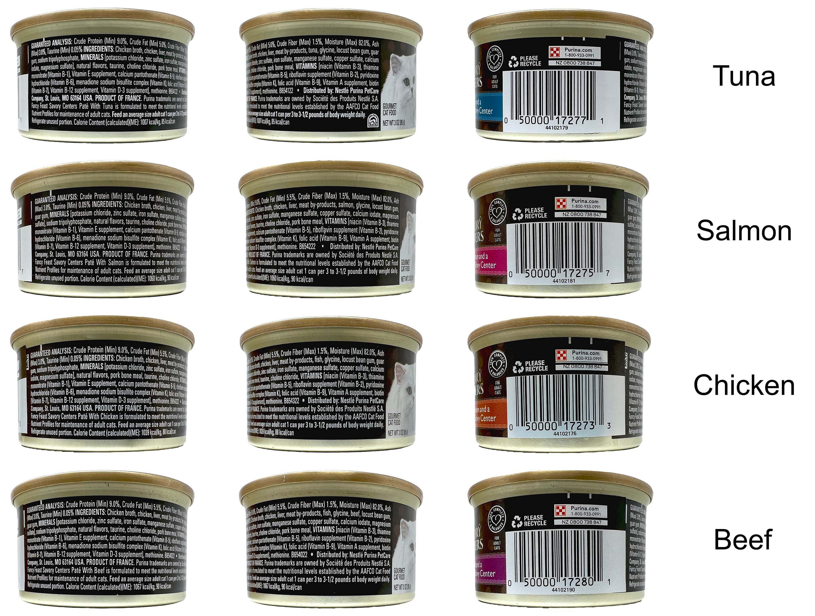 Cat Food Gourmet Gravy Centers, 4 Flavor 8 Can Sampler (2) Each: Tuna, Beef, Chicken, Salmon (3 Ounces) MerlinsMart Zine + Catnip Toy | Savory Centers