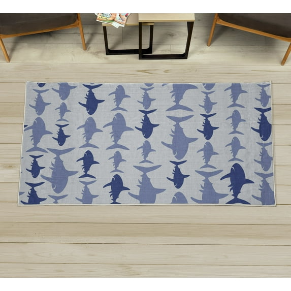 Sea Animals Decorative Rug, Monochrome Shark Illustration Fashion Maritime Illustration Aquatics, Quality Carpet for Bedroom Dorm and Living Room, 6 Sizes, Blue Grey, by Ambesonne