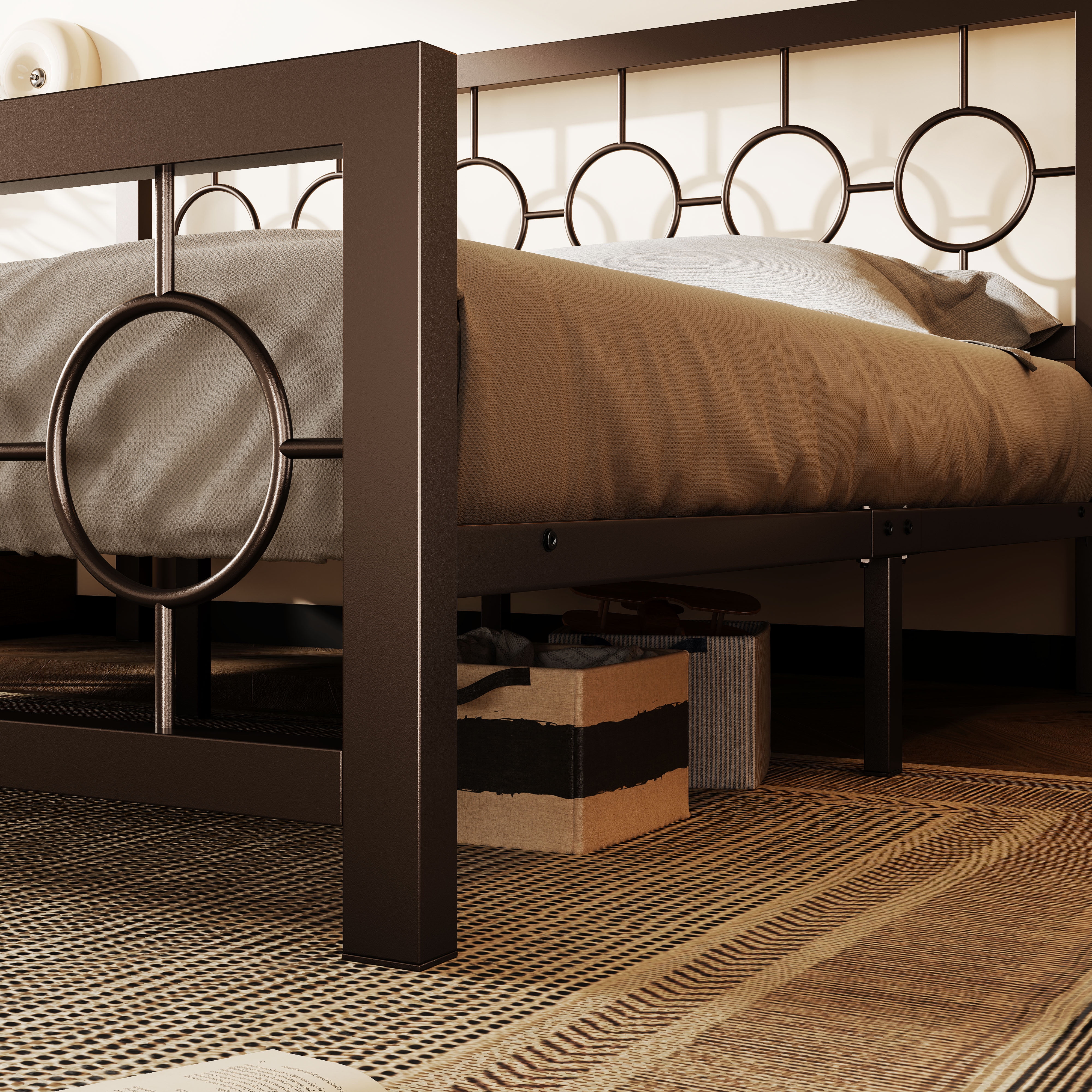 Amolife King Size Bed Frame, Heavy Duty Metal Platform Bed with Vintage Circular Headboard & Footboard, Brown