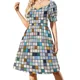thumbnail image 1 of Vestido de manga corta con estampado de mosaico de cuadrados multicolores, vestidos elegantes para mujer, vestidos para niñas, vestidos de mujer, vestidos largos, 1 of 7