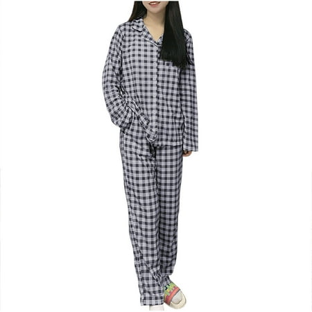 YgkuHd Womens Plaid Pajama Set V-Neck Button Long Sleeve Pants with Pockets Loungewear Sleepwear Lounge Set Blue_L