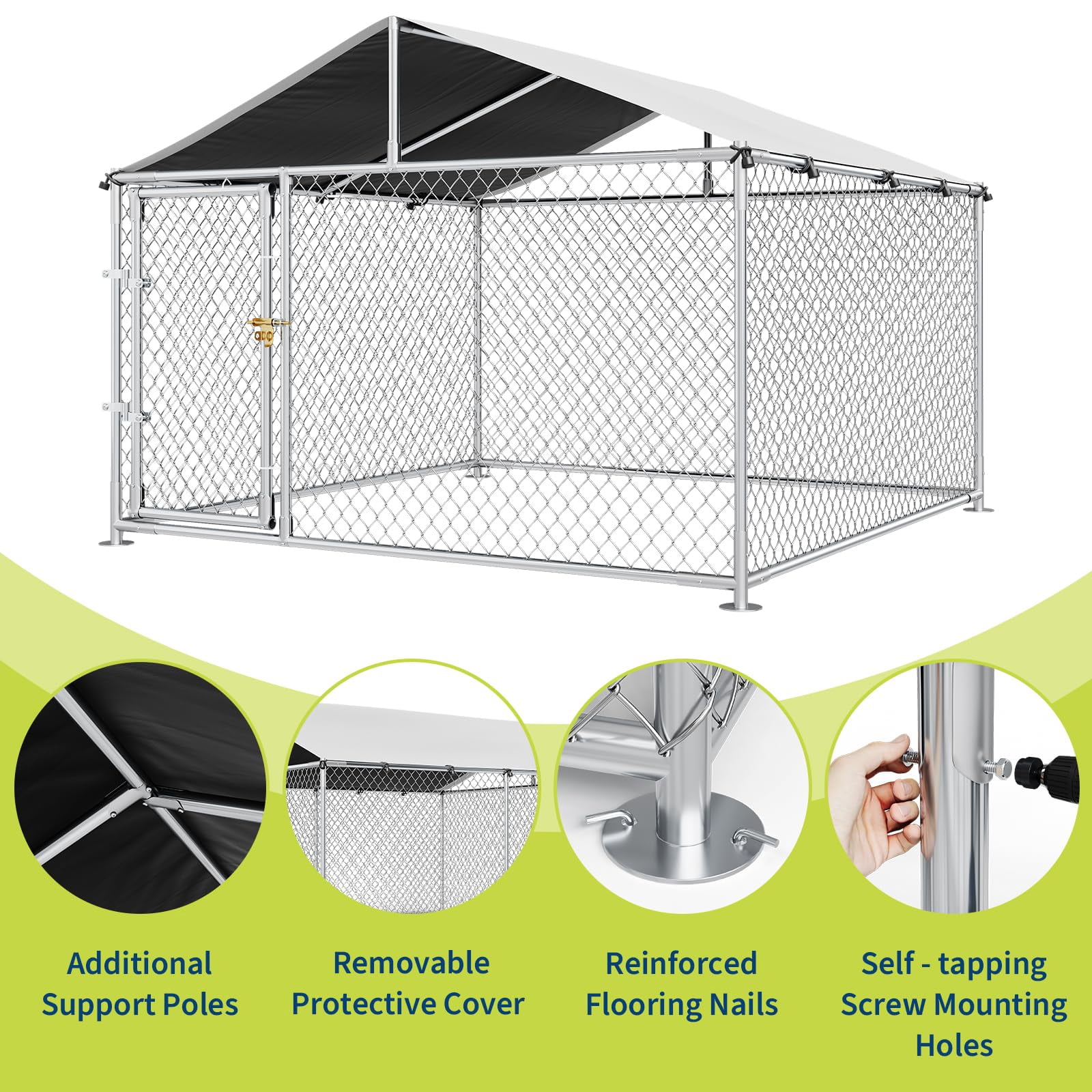 Heavy-Duty Outdoor Dog Kennel & Pet Playpen - Galvanized Steel, Waterproof Roof, 4 Ground Anchors - for Large Dogs, Backyard, Farm 7.5×7.5×5.5FT